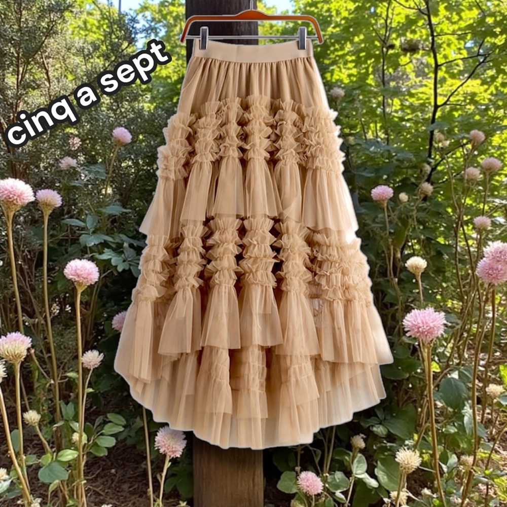 cinq a sept 🌸 Women's Tiered BalletCore Skirt - Size Small, High-Low Midi Skirt - Picture 3 of 6